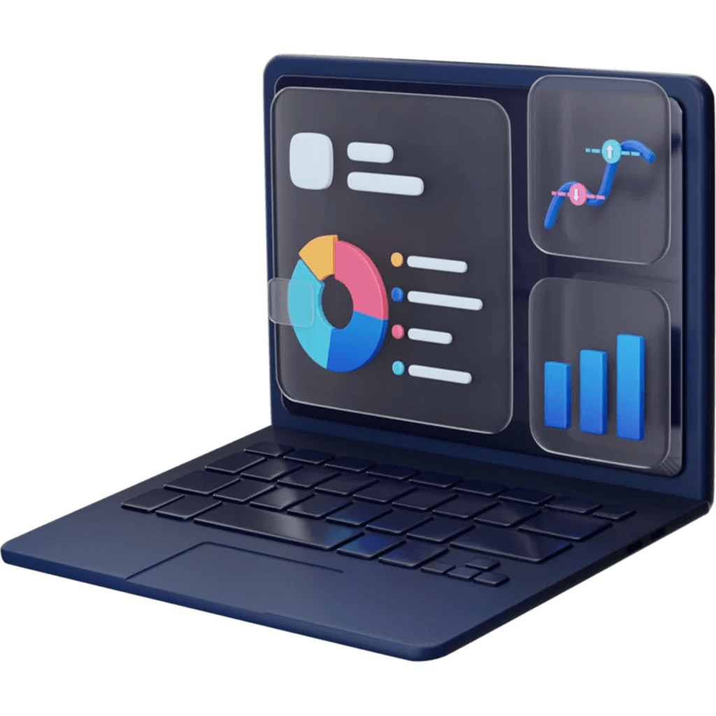 A laptop with digital infographics representing the backend process of website design and development service.